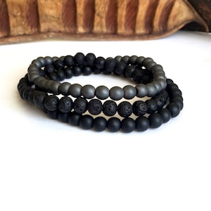 Mens Bracelet Set, Lava Stone Bracelet Set, Onyx Bracelet Howlite Jasper, Mens Jewelry, Gift for Men, Gift for Boyfriend, Charm Bracelet Men Matt hematite 6mm