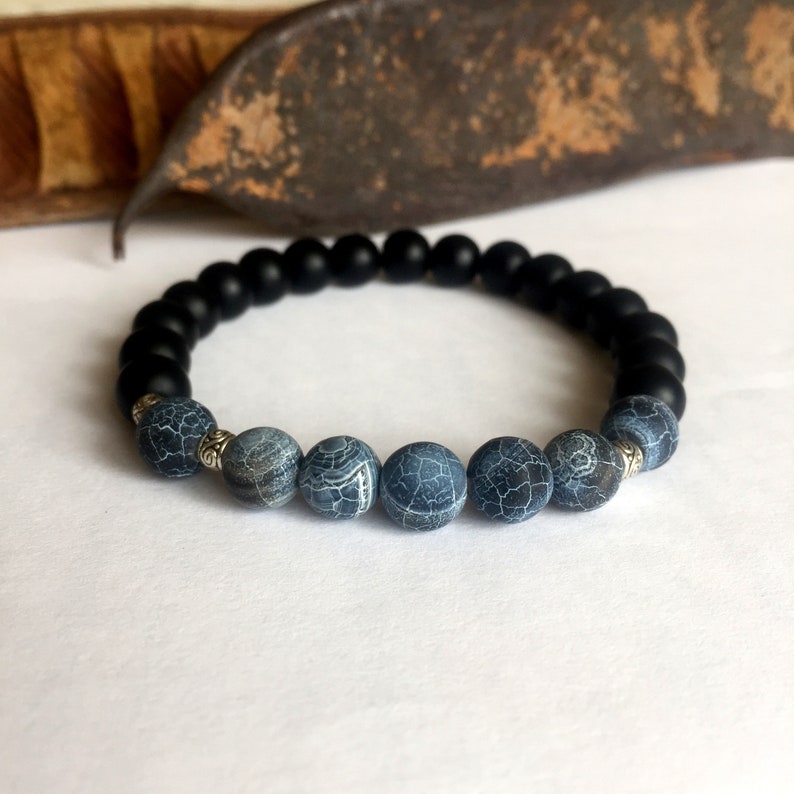 Amazing Crackle Agate Bracelet, Mens Bracelet, Onyx Bracelet, Groomsmen Gift, Gift for Men, Mens Jewellery, Anniversary, Yoga Bracelet image 2