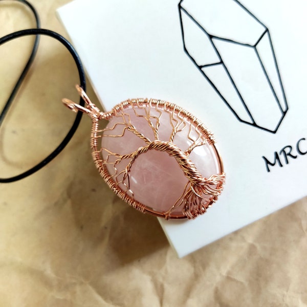 Tree of Life Pendant, Natural Rose Quartz Necklace, Rose Quartz Pendant Necklace, Wired Rose Quartz, Protection Necklace Good Luck Necklace