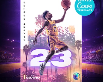 May include: A basketball player wearing a purple and yellow jersey with the number 23 on it, jumps in the air to shoot a basketball. The background is a colorful abstract design with palm trees. The text "JAYLEN CARTER" is on the left side of the image. The text "POINT GUARD" is below the player. The text "EDIT | DOWNLOAD | PRINT NOW" is at the bottom of the image. The text "EDITABLE Canva TEMPLATE" is in a blue circle in the upper right corner of the image.