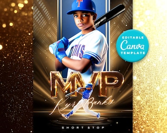 Plantilla de Canva para tarjetas coleccionables de béisbol, tarjeta de jugador editable, diseño de tarjeta deportiva personalizada, regalo imprimible DIY para niños, tarjeta MVP