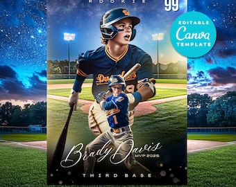 Puede incluir: Un jugador de béisbol con un uniforme azul y amarillo con el número 99 en la espalda. El jugador sostiene un bate de béisbol y está de pie en un campo de béisbol. El texto "ROOKIE" y "Brady Davis MVP 2025" está en la imagen. El texto "THIRD BASE" también está en la imagen. La imagen es una plantilla de Canva.