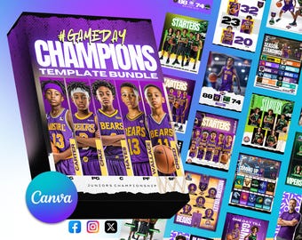 Modèles de basket-ball pour réseaux sociaux Bundle Canva modifiable Graphiques pour le jour du match Cartes de joueur Statistiques Programmes pour les équipes des collèges et lycées