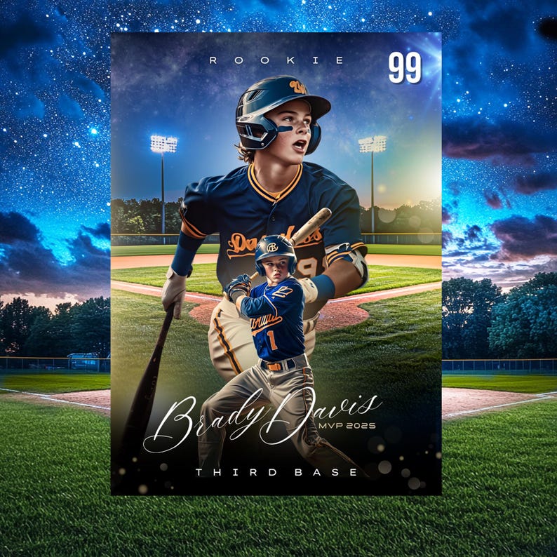 May include: Baseball trading card featuring a young baseball player in a navy and gold uniform, holding a bat. The card includes the name "Brady Davis", the number "99", and the text "Third Base". The background shows a baseball field under a starry sky.