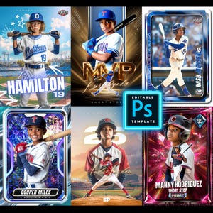 Op de afbeelding: Een verzameling honkbal trading card sjablonen met jonge spelers. Elke kaart toont een speler in actie, met teamlogo's, spelersnamen en statistieken. De kaarten hebben levendige ontwerpen met dynamische achtergronden en tekst.