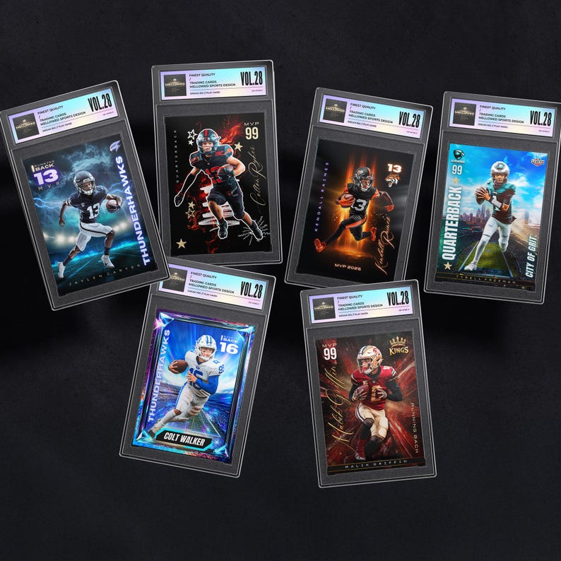 May include: A collection of six football trading cards in protective cases. Each card features a player in action, with team logos and player names. The cards are labeled "VOL.28" and "Finest Quality" with holographic accents.