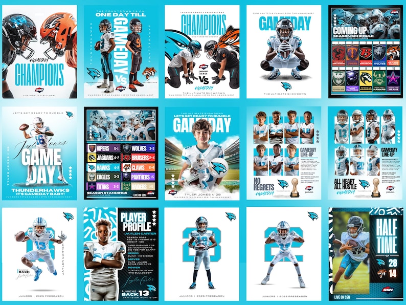 Puede incluir: Un collage de im&aacute;genes que promocionan un equipo de f&uacute;tbol juvenil. Las im&aacute;genes muestran jugadores con uniformes azules y blancos, con el logotipo y el nombre del equipo, "Thunderhawks",  mostrados de forma prominente. Las im&aacute;genes tambi&eacute;n incluyen calendarios de partidos, perfiles de jugadores y lemas motivacionales.