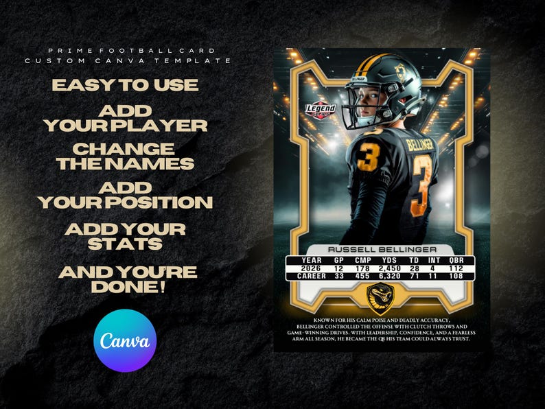 Football Player Card Canva Template Custom Youth Sports Trading Design ...
