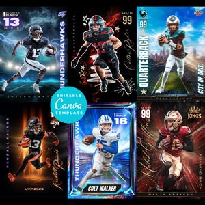 May include: A collection of six sports trading card templates featuring football players in action. Each card showcases a player with their name, team, and position, with dynamic backgrounds and design elements. The cards are labeled as an editable Canva template.