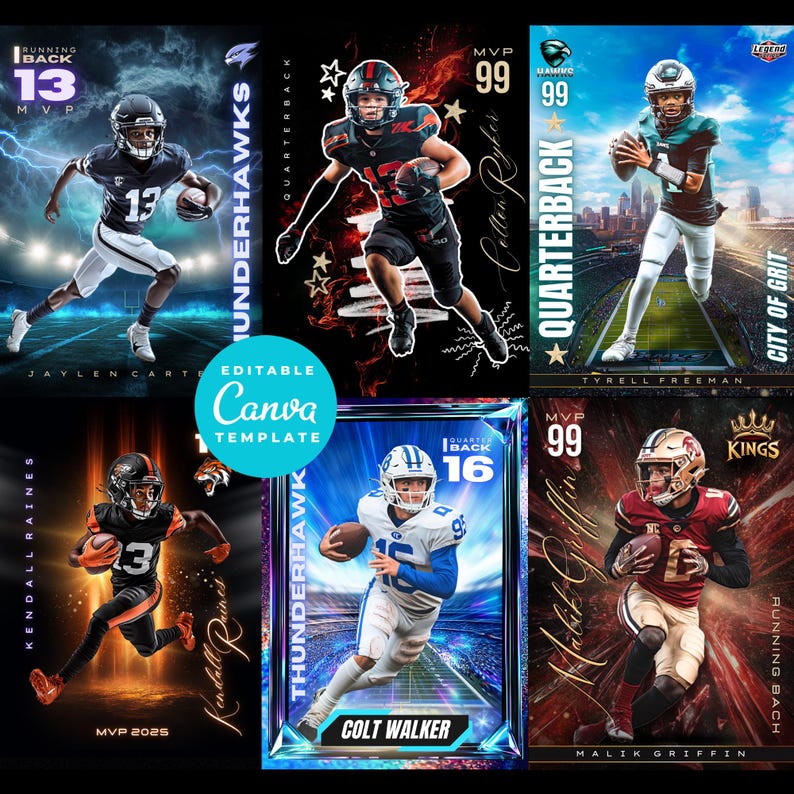 May include: A collection of six sports trading card templates featuring football players in action. Each card showcases a player with their name, team, and position, with dynamic backgrounds and design elements. The cards are labeled as an editable Canva template.