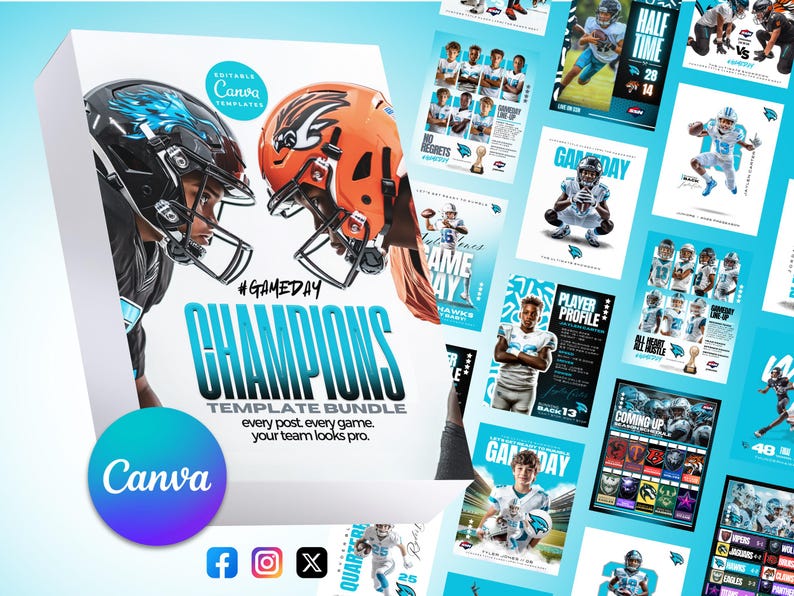 Puede incluir: Un conjunto de 13 plantillas personalizables de Canva para publicaciones en redes sociales, con un esquema de color azul y blanco con el texto "#GAMEDAY CHAMPIONS TEMPLATE BUNDLE" e im&aacute;genes de jugadores de f&uacute;tbol americano.