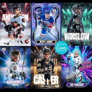 Op de afbeelding: Een collage van zes hockey trading cards met jonge spelers in actie. Elke kaart heeft een uniek ontwerp met spelersnamen, teamlogo's en actieopnames. De kaarten tonen verschillende kleurenschema's en grafische elementen, met tekst zoals "EDITABLE Canva TEMPLATE".