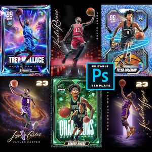 May include: A collection of basketball trading cards featuring dynamic player action shots. Each card showcases a player in mid-air with a basketball, set against vibrant, stylized backgrounds. The cards include player names, team logos, and the text "EDITABLE PS TEMPLATE".