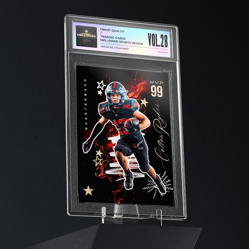 May include: A graded trading card featuring a football player in a red and black uniform, running with the ball. The card is encased in a clear protective holder. Text includes "MVP 99" and "Colten Ryker". The card is labeled "Finest Quality" and "Trading Cards".