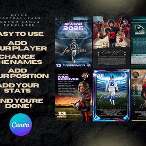 May include: A promotional image for custom Canva football card templates. The design features several examples of cards with player images, team logos, and stats. Text includes "Easy to Use," "Add Your Player," and "Change the Names."
