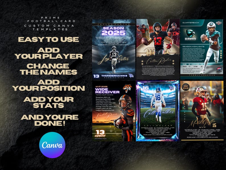 May include: A promotional image for custom Canva football card templates. The design features several examples of cards with player images, team logos, and stats. Text includes "Easy to Use," "Add Your Player," and "Change the Names."