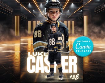 Peut inclure: Modèle Canva sur le thème du hockey avec un jeune joueur de hockey en uniforme noir et or avec le numéro 88. Le modèle comprend le nom du joueur, "Luke Caster", et le texte "EDIT | DOWNLOAD | PRINT NOW."