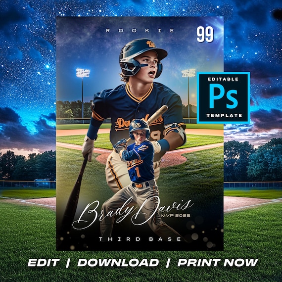 Baseball Rookie of the Year Custom Trading Card Photoshop Template Editable PSD for Kids and Teams Little League Player Sports Cards Design