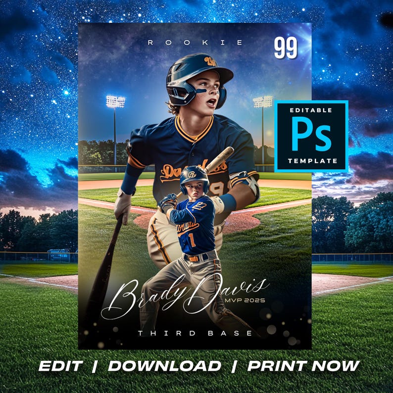 May include: Baseball-themed digital template featuring a baseball player in a navy blue and gold uniform, holding a bat. The text includes "Brady Davis, MVP 2025, Third Base," and "EDIT | DOWNLOAD | PRINT NOW."