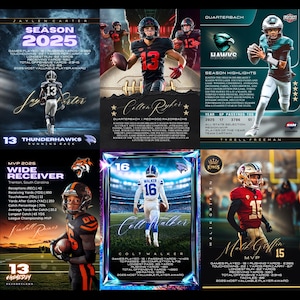 May include: A collection of football trading cards featuring players in action. Each card showcases a player's name, number, team, and statistics. The cards have a dynamic design with vibrant colors and action shots.