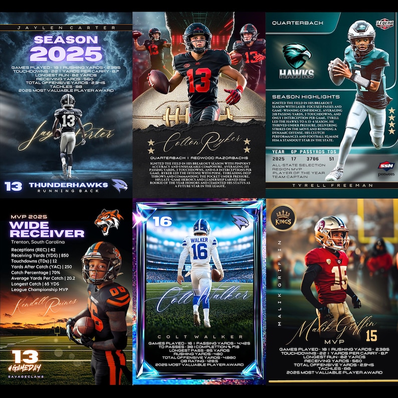 May include: A collection of football trading cards featuring players in action. Each card showcases a player's name, number, team, and statistics. The cards have a dynamic design with vibrant colors and action shots.