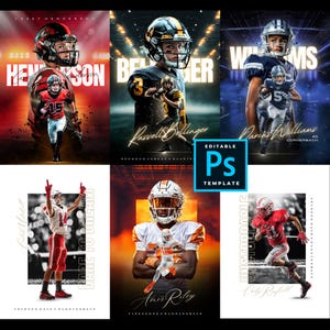 Peut inclure: Six portraits de joueurs de football en action. Chaque image présente un joueur en uniforme, avec des noms et des détails d'équipe. Les images ont un design stylisé et dynamique avec des superpositions de texte, dont "EDITABLE PS TEMPLATE".