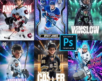 Könnte beinhalten: Sechs Eishockey-Sammelkarten mit jungen Spielern in Aktion. Jede Karte zeigt den Namen, das Team und die Nummer eines Spielers, mit dynamischen Hintergründen und Actionaufnahmen. Die Karten haben ein professionelles Design mit dem Text "EDITABLE Ps TEMPLATE".