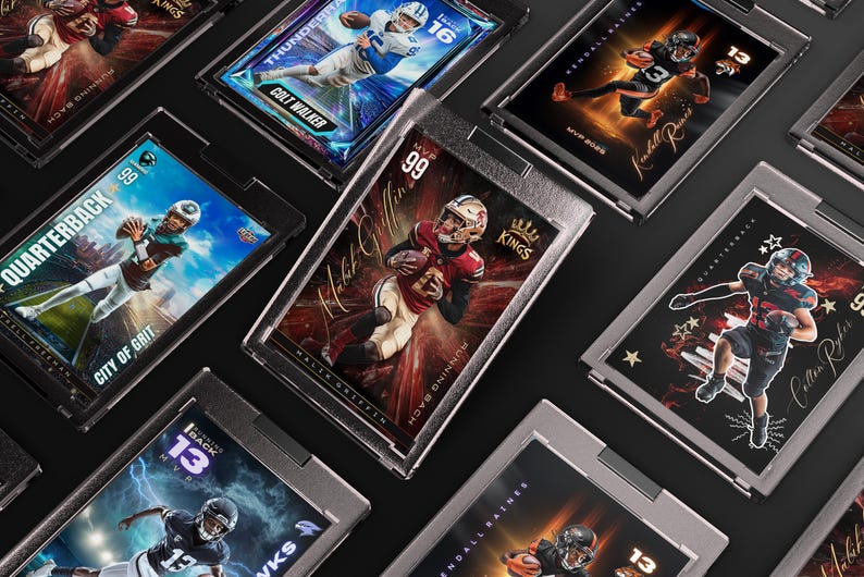 May include: A collection of encased sports trading cards featuring football players. The cards display action shots, player names, and team logos. Some cards have the text "Quarterback" and "Running Back". The cards are in protective cases.