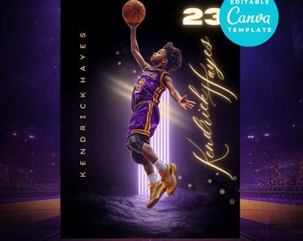 May include: A basketball player wearing a purple and yellow jersey with the number 3 on it, jumps in the air to shoot a basketball. The background is a purple and black basketball court with a wave effect. The text "Kendrick Hayes" is written in gold on the right side of the image. The text "23" is written in gold on the top right of the image. The text "EDITABLE Canva TEMPLATE" is written in white on a blue background in the top right corner of the image.