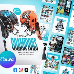 Gameday-graphics: aanpasbare canva-sjablonen voor sportteams, bewerkbare socialmediaberichten, schema's en roosters voor voetbal en basketbal