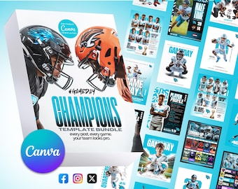 Gráficos para el día del partido: plantillas de Canva personalizables para equipos deportivos, publicaciones editables en redes sociales, horarios y plantillas para fútbol y baloncesto.