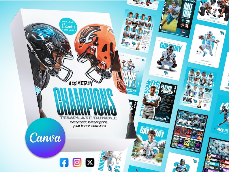 Puede incluir: Un conjunto de 13 plantillas de Canva personalizables para publicaciones en redes sociales, con un esquema de color azul y blanco, im&aacute;genes de jugadores de f&uacute;tbol americano y el texto "#GAMEDAY CHAMPIONS TEMPLATE BUNDLE".
