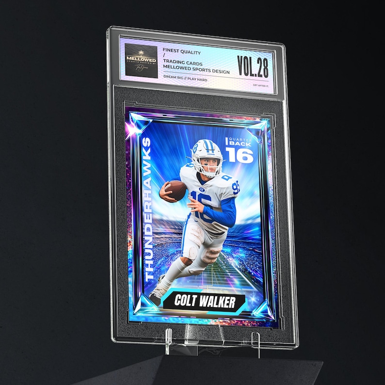 May include: A graded trading card featuring a football player in a blue and white uniform, holding a football. The card is encased in a clear plastic holder with the text "Thunderhawks" and "Colt Walker". The card is labeled "Vol. 28".