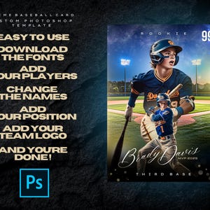 May include: Baseball card template with a player in a navy blue and gold uniform, holding a bat. The card includes the text "Brady Davis, MVP 2025, Third Base." Instructions on the left side say "Easy to Use."
