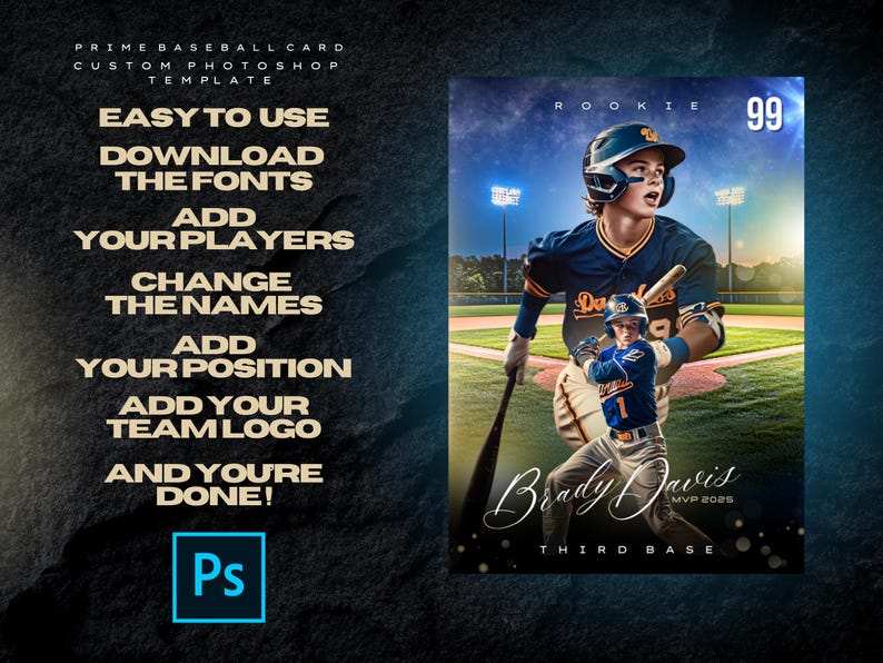 May include: Baseball card template with a player in a navy blue and gold uniform, holding a bat. The card includes the text "Brady Davis, MVP 2025, Third Base." Instructions on the left side say "Easy to Use."