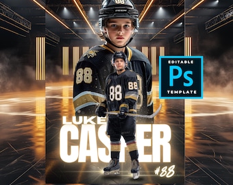 Peut inclure: Graphique sur le thème du hockey avec un jeune joueur de hockey en uniforme noir et or avec le numéro 88. L'image comprend le texte "LUKE CASTER" et "#88", ainsi que "EDITABLE Ps TEMPLATE". L'arrière-plan a une lueur dorée.