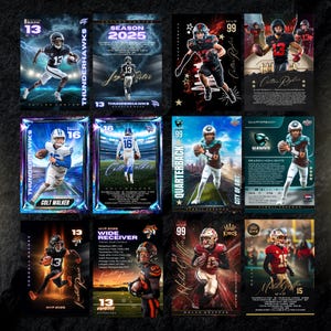 May include: A collection of football trading cards featuring players in action. Each card showcases a player with their team's colors, player stats, and the team's logo. The cards have a dynamic design with action shots and player names.