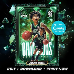 Modèle Canva modifiable de cartes à collectionner de basket-ball personnalisées pour équipes, entraîneurs pour enfants, conception de cartes de sport personnalisées, carte de basket-ball pour enfants