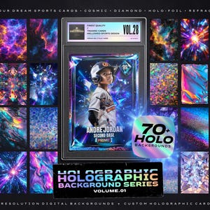 May include: A digital art set featuring a baseball card design with a young player, Andre Jordan. The image includes a variety of holographic backgrounds, with text that reads "Holographic Background Series Volume 01". The set includes 70+ high-resolution digital backgrounds.