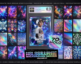 Może przedstawiać: Zestaw grafiki cyfrowej z projektem karty baseballowej z młodym graczem, Andre Jordanem. Obraz zawiera różnorodne holograficzne tła z tekstem „Holographic Background Series Volume 01”. Zestaw zawiera ponad 70 cyfrowych teł o wysokiej rozdzielczości.