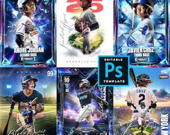 May include: A collection of baseball trading cards featuring young players in action. Each card has a player's name, position, and team, with a vibrant, digital art style. The cards include the text "EDITABLE Ps TEMPLATE".