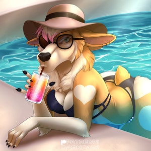 May include: A furry, anthropomorphic character with pink hair, wearing a brown hat, sunglasses, and a black bikini, is relaxing in a swimming pool while holding a pink and orange drink with a straw.