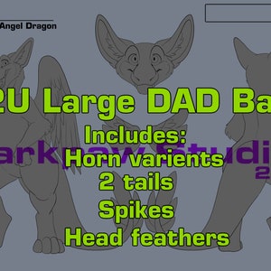 May include: A digital illustration of a grey furry creature with wings, two tails, and horns. The illustration is labeled "P2U Large DAD Base" and includes the text "Includes: Horn variants, 2 tails, Spikes, Head feathers".
