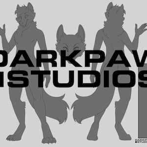May include: A grayscale illustration of a wolf-like character in two poses, front and back, with arms raised. The text "DARKPAW STUDIOS" is prominently displayed in bold, black letters across the image. The studio's logo is in the bottom right corner.