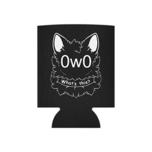 Puede incluir: Enfriador de latas negro y blanco con una cara de animal de dibujos animados peludo y el texto "OWO What's this?"