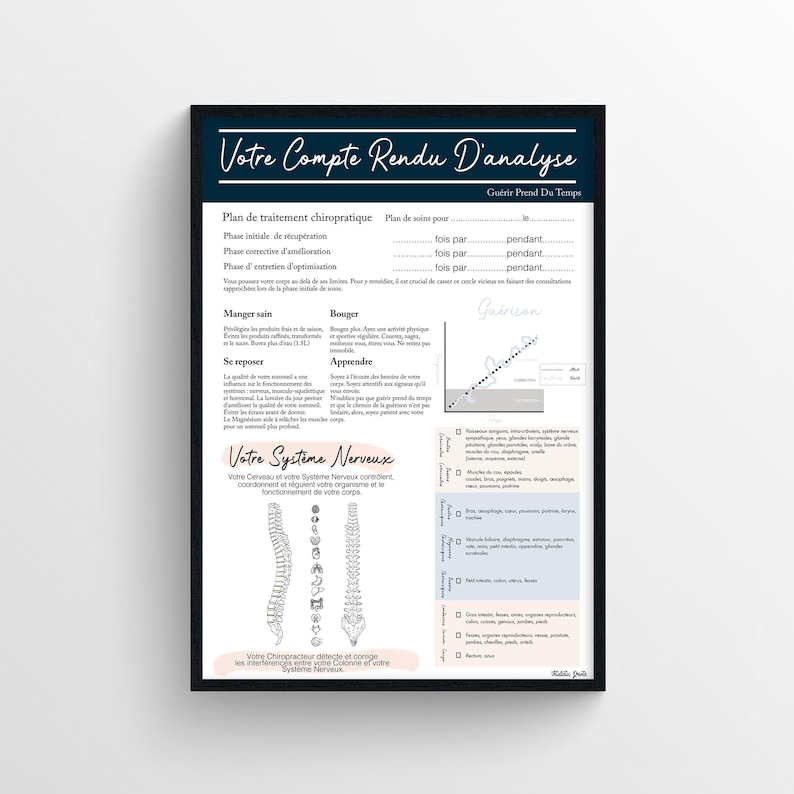 May include: A black and white infographic titled "Your Analysis Report" with the text "Gu&eacute;rie Prend Du Temps" in the top right corner. The infographic includes a section on chiropractic treatment, a section on healthy living, and a section on the nervous system. The infographic also includes a diagram of the spine.