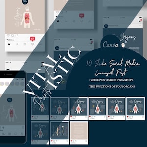 May include: A 10-slide social media carousel post with illustrations of the human body's organs. The post is titled "Vital Parts" and includes the text "10 Slide Social Media Carousel Post" and "Free Bonus 10 Slide Insta Story: The Functions of Your Organs".
