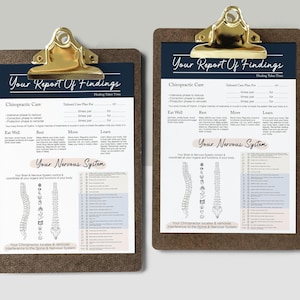 May include: Two brown clipboards with gold clips, each with a white and blue printable checklist titled "Your Report of Findings" with a section for "Chiropractic Care" and "Tailored Care Plan for", and a diagram of the spine labeled "Your Nervous System".