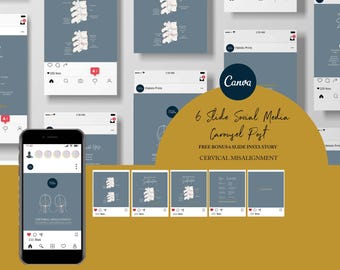 Szablon Canva dla posta na Instagramie dla chiropraktyki // Niewspółosiowość szyjna // Grafika na Instagramie dla chiropraktyki // Chiropraktyka // Podwichnięcie
