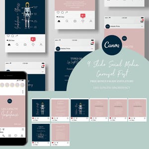 Op de afbeelding: Een 9-delige social media carrouselpost over beenlengteverschillen. De post bevat illustraties van het menselijk skelet en tekst over soorten beenlengteverschillen. De post bevat ook een gratis bonusdia voor een Instagram-verhaal over beenlengteverschillen.